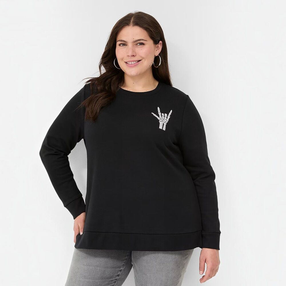NWT Lane Bryant Glitter Skeleton Hand Sweatshirt Black Plus 34/36 Halloween